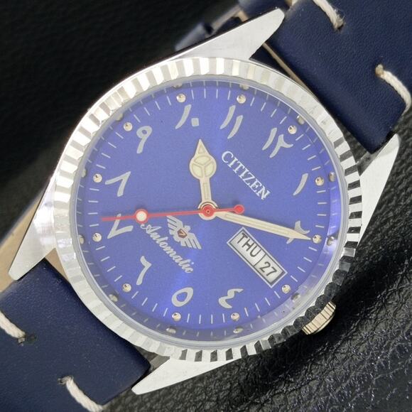 Vintage 1977 Citizen Automatic Mens Silver Watch W/daydate & Blue accents - Picture 1 of 8